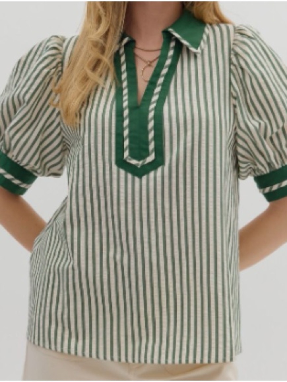 entro Green and White Striped Puff Sleeve Polo Blouse